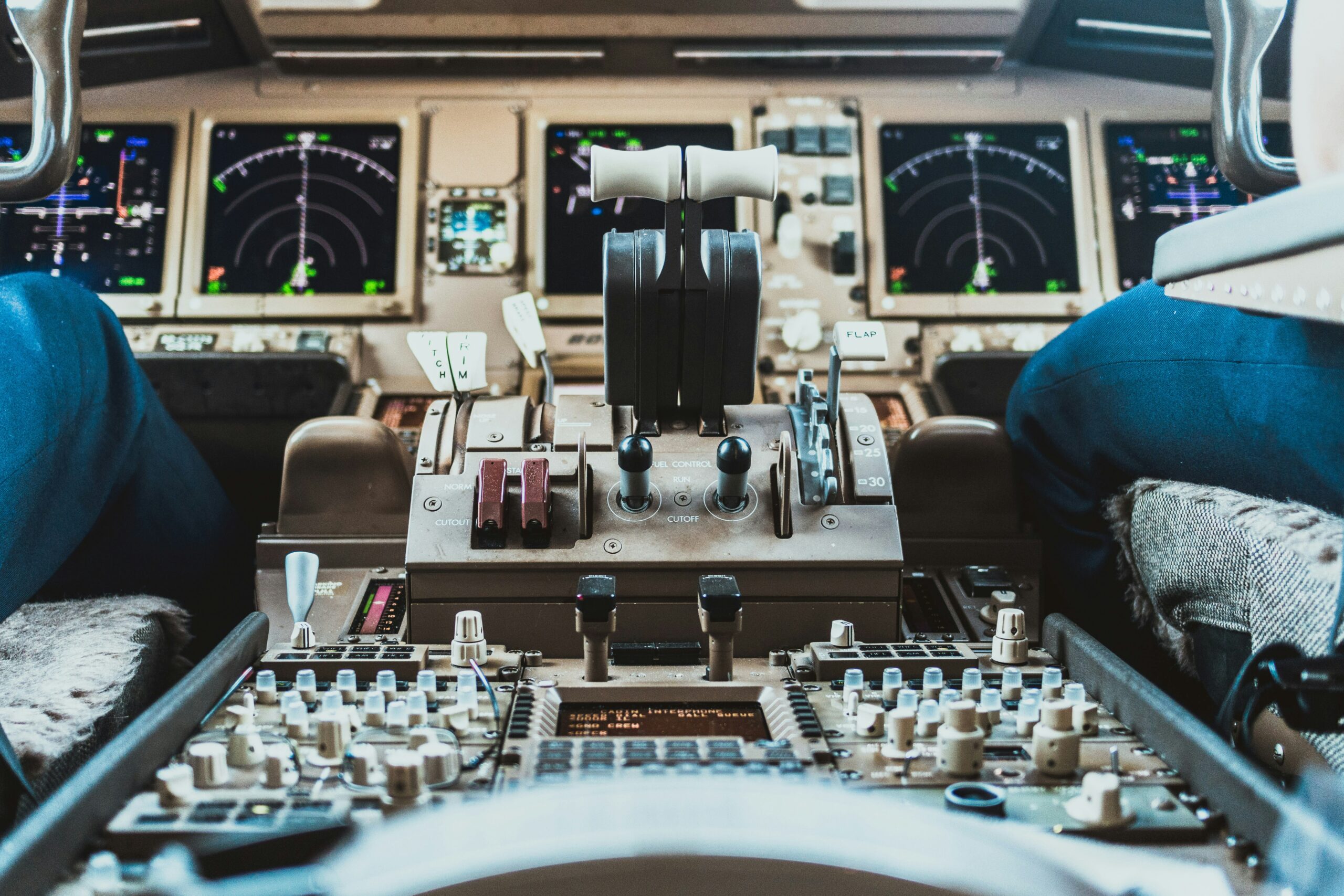 The interior of a plane's cockpit.